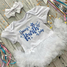Load image into Gallery viewer, Personalised &#39;1st Fourth of July&#39; Baby Girl Tutu Romper With Matching Bow Headband, Light Blue Glitter
