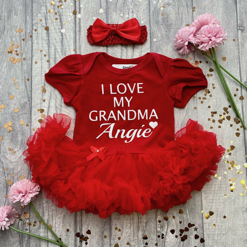 Personalised 'I Love My Grandma' Baby Girl Tutu Romper With Matching Bow Headband, White Glitter Design