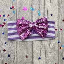 Load image into Gallery viewer, Baby Girl Multi Coloured Striped Headband with Light Pink, Dark Pink, Purple or Blue Sequin Glitter Bow

