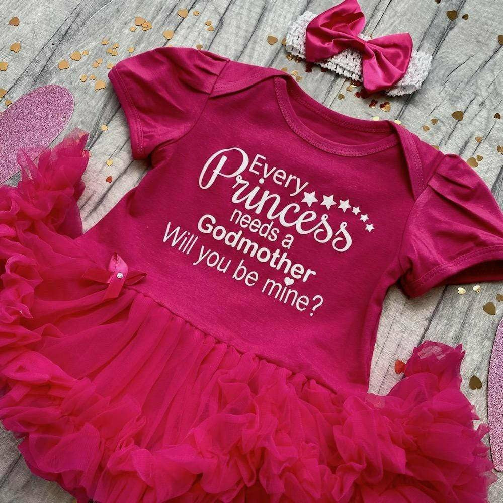 'Will You Be My Godmother?' Baby Girl Tutu Romper With Matching Bow Headband, Princess