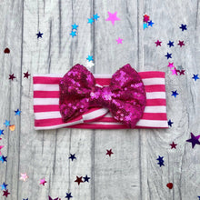 Load image into Gallery viewer, Baby Girl Multi Coloured Striped Headband with Light Pink, Dark Pink, Purple or Blue Sequin Glitter Bow
