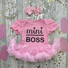 Load image into Gallery viewer, &#39;Mini Boss&#39; Baby Girl Tutu Romper With Matching Bow Headband
