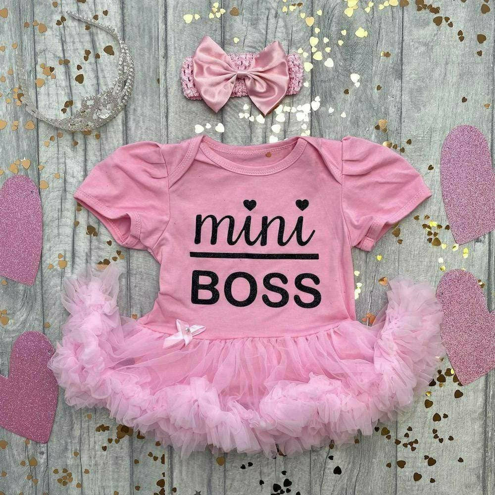 'Mini Boss' Baby Girl Tutu Romper With Matching Bow Headband