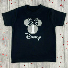 Load image into Gallery viewer, Personalised Girls Minnie Mouse Disney Birthday T-Shirt, Baby Girls Black Cotton T-Shirt
