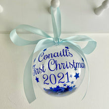 Load image into Gallery viewer, Personalised First Christmas 2022 Baby Boys 1st Christmas Bauble, Blue Star Filled Christmas Decoration
