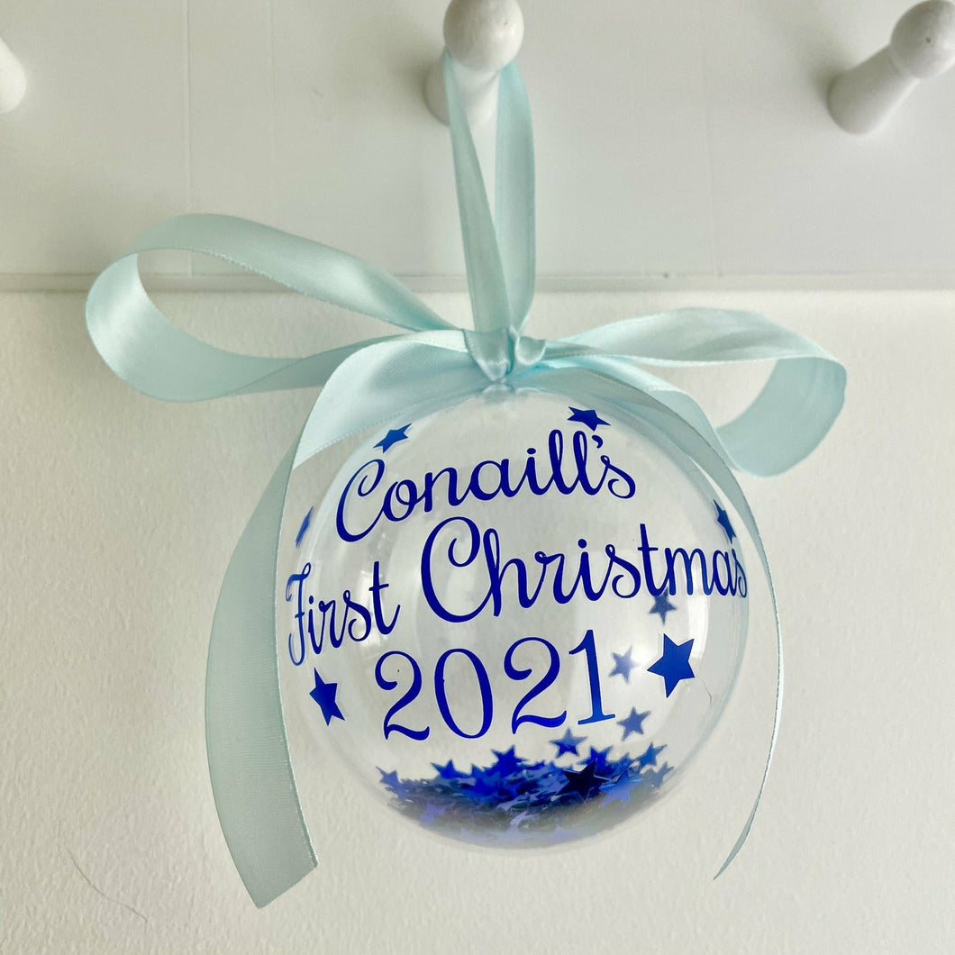 Personalised First Christmas 2022 Baby Boys 1st Christmas Bauble, Blue Star Filled Christmas Decoration