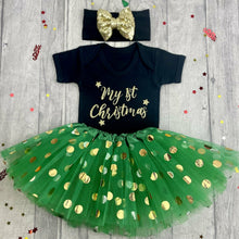 Load image into Gallery viewer, My 1st Christmas Black short sleeve romper with green polka dot tutu skirt and Black / Gold sequin headband
