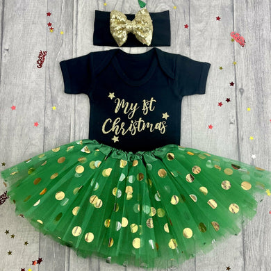 My 1st Christmas Black short sleeve romper with green polka dot tutu skirt and Black / Gold sequin headband