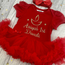 Load image into Gallery viewer, Personalised &#39;1st Diwali&#39; Baby Girl Tutu Romper With Matching Bow Headband Gold Glitter Design
