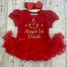 Load image into Gallery viewer, Personalised 1st Diwali Baby Girl Tutu Romper With Matching Bow Headband Gold Glitter Design - Little Secrets Clothing
