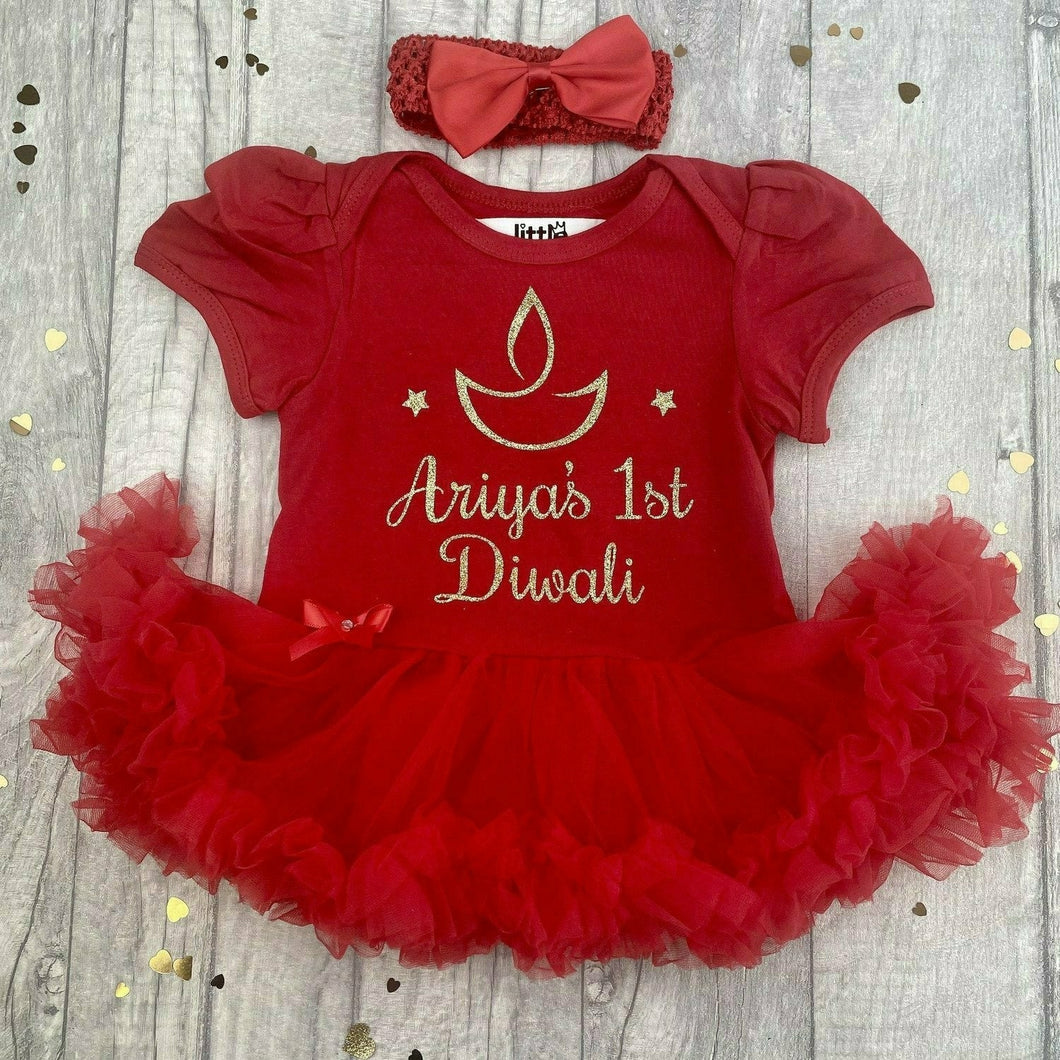 Personalised 1st Diwali Baby Girl Tutu Romper With Matching Bow Headband Gold Glitter Design - Little Secrets Clothing