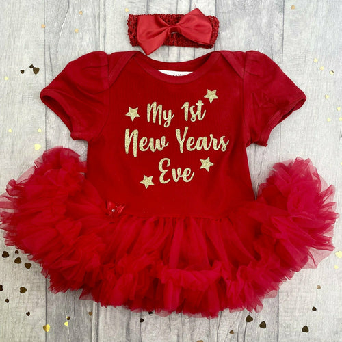 Baby Girl 1st New Year's Eve Tutu Romper With Headband, Gold design