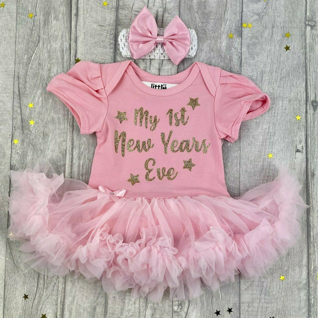 Baby Girl 1st New Year's Eve Tutu Romper With Headband, Gold design