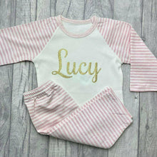 Load image into Gallery viewer, Personalised Pink and White Girls Pyjamas, Gold Glitter Text
