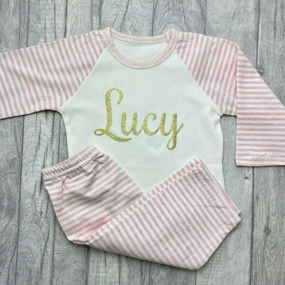 Personalised Pink and White Girls Pyjamas, Gold Glitter Text