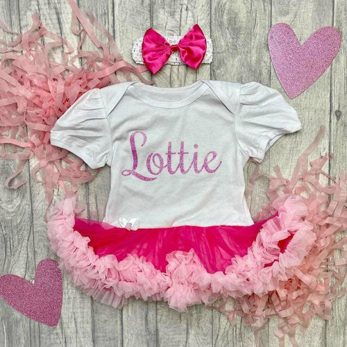Personalised Name Baby Girl Tutu Romper With Matching Bow Headband, Light Pink Glitter Design - Little Secrets Clothing