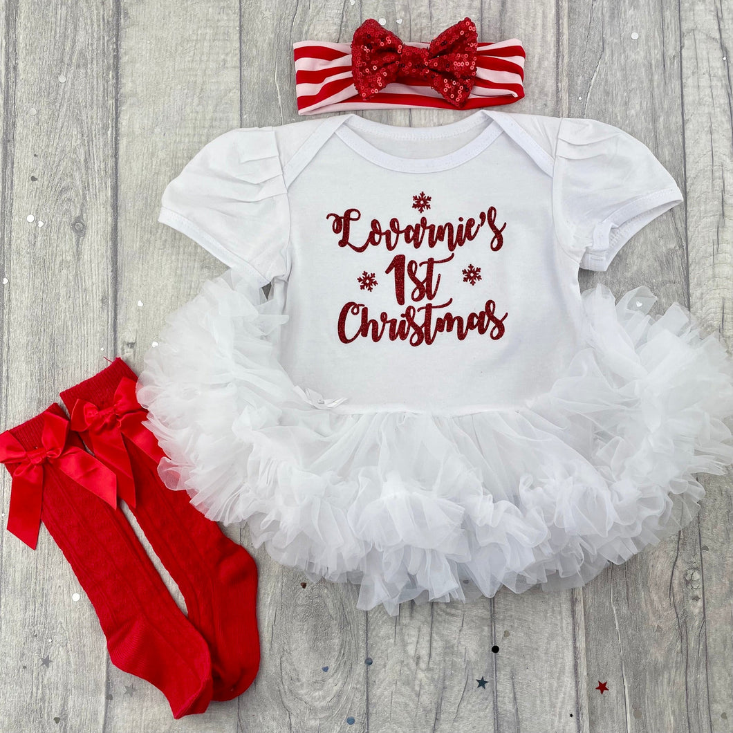 Personalised Baby Girl's 1st Christmas' White Tutu Romper Set With Matching Sequin Bow Striped Headband And Luxury Red Knee High Socks