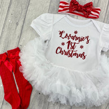 Load image into Gallery viewer, Personalised Baby Girl&#39;s 1st Christmas&#39; White Tutu Romper Set With Matching Sequin Bow Striped Headband And Luxury Red Knee High Socks
