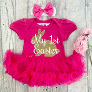 Baby Girl 1st Easter Tutu Romper, Gold Glitter Bunny - Little Secrets Clothing
