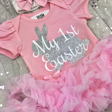Load image into Gallery viewer, Baby Girl My 1st Easter Tutu Romper, Silver Glitter Bunny
