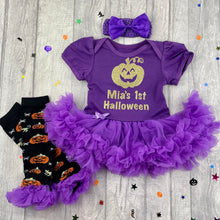 Load image into Gallery viewer, Personalised 1st Halloween Pumpkin Baby Girl Tutu Romper, Headband and Leg Warmers
