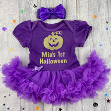 Load image into Gallery viewer, Personalised 1st Halloween Pumpkin Baby Girl Tutu Romper With Headband
