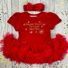 Load image into Gallery viewer, 1st Lunar New Year Baby Girl Personalised red Tutu Romper with Matching Bow Headband, Chinese New Year gold glitter design 
