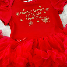 Load image into Gallery viewer, 1st Lunar New Year Baby Girl Personalised red Tutu Romper with Matching Bow Headband, Chinese New Year gold glitter design
