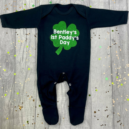 Personalised Baby Boy's 1st Paddy's Day Shamrock Sleepsuit, Green Glitter Clover