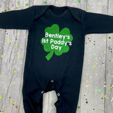 Load image into Gallery viewer, Personalised Baby Boy&#39;s 1st Paddy&#39;s Day Shamrock Sleepsuit, Green Glitter Clover
