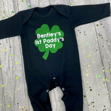 Load image into Gallery viewer, Personalised Baby Boy&#39;s 1st Paddy&#39;s Day Shamrock Sleepsuit, Green Glitter Clover
