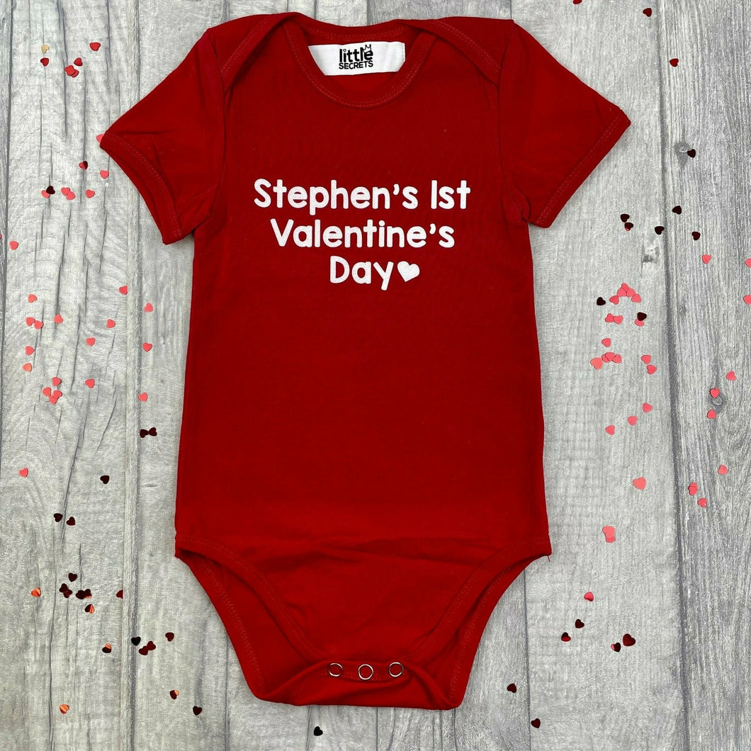 Personalised '1st Valentine's Day' Short Sleeve Romper, White Glitter Text