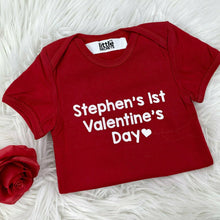 Load image into Gallery viewer, Personalised 1st Valentine&#39;s Day Short Sleeve Romper, White Glitter Text
