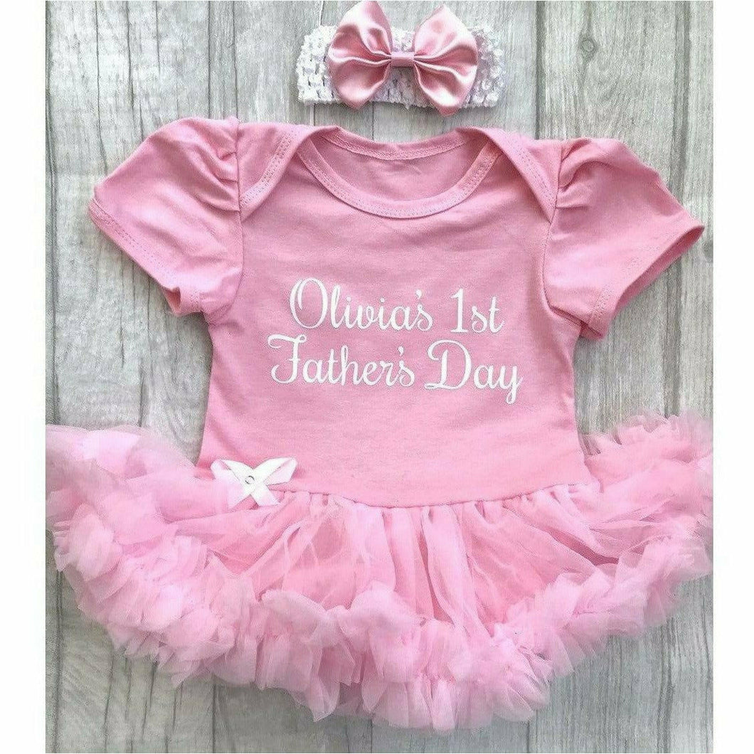 '1st Father's Day' Personalised Baby Girl Tutu Romper With Matching Bow Headband