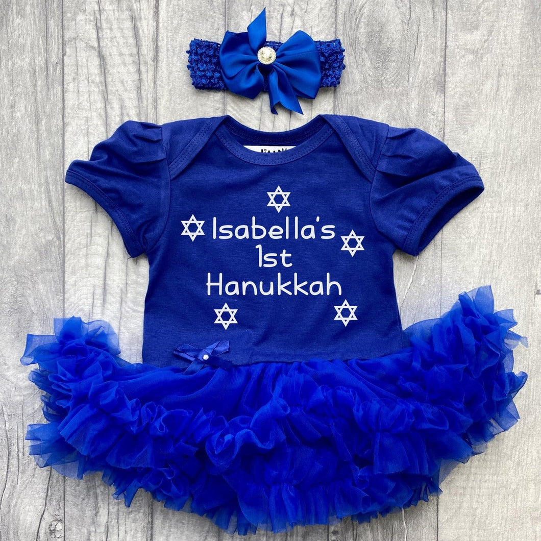 Personalised 1st Hanukkah Baby Girl's Tutu Romper with Headband, White Glitter - Little Secrets Clothing