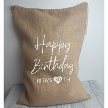 Load image into Gallery viewer, Happy Birthday Personalised Gift Sack, Milestone Birthday Present Hessian Draw String Bag
