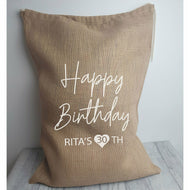 Happy Birthday Personalised Gift Sack, Milestone Birthday Present Hessian Draw String Bag