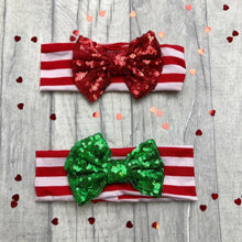 Load image into Gallery viewer, Baby Girl Red Striped Headband with Red or Green Sequin Glitter Bow
