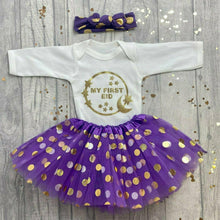 Load image into Gallery viewer, My First Eid Polka Dot Tutu Skirt, Romper &amp; Headband Outfit
