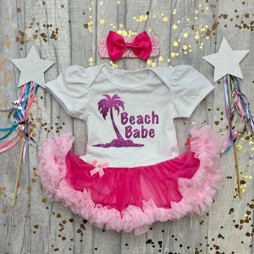 'Beach Babe' Baby Girl Tutu Romper With Matching Bow Headband, Holiday 