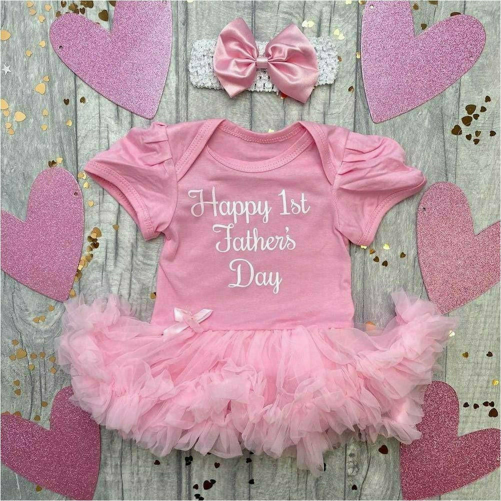 Happy 1st Father's Day Baby Girl Tutu Romper With Matching Bow Headband, White Text