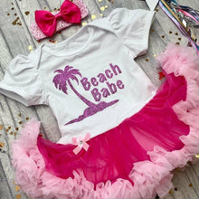 Load image into Gallery viewer, &#39;Beach Babe&#39; Baby Girl Tutu Romper With Matching Bow Headband, Holiday 
