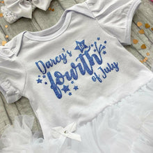 Load image into Gallery viewer, Personalised &#39;1st Fourth of July&#39; Baby Girl Tutu Romper With Matching Bow Headband, Light Blue Glitter
