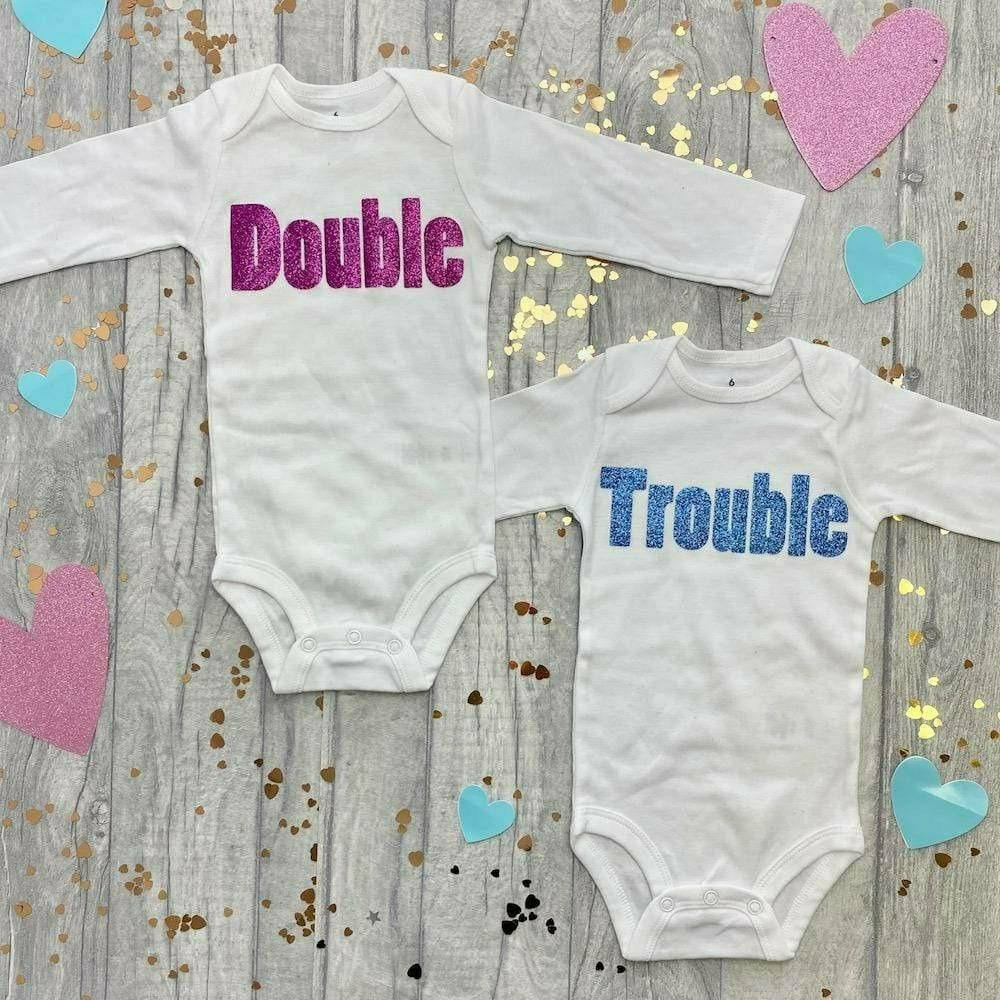 Twins 'Double Trouble' Long Sleeve Romper Baby Outfit Set