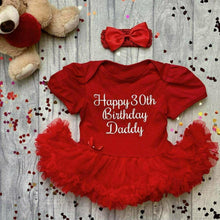 Load image into Gallery viewer, Happy 30th Birthday Daddy Baby Girl Tutu Romper With Matching Bow Headband, White Glitter Text - Little Secrets Clothing
