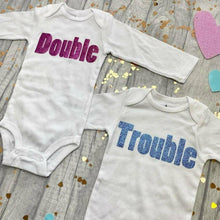 Load image into Gallery viewer, Twins &#39;Double Trouble&#39; Long Sleeve Romper Baby Outfit Set
