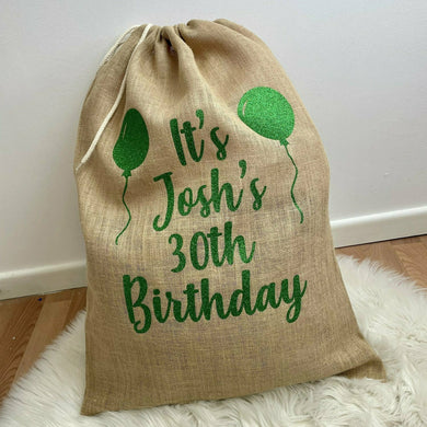 Personalised Milestone Birthday Present Sack, Balloons Presents Hessian Gift Sack - Little Secrets Clothing