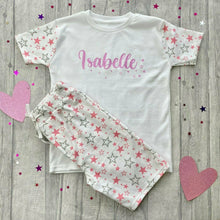 Load image into Gallery viewer, Personalised Name Girls or Boys Pink or Blue and White Star Shorts Pyjamas
