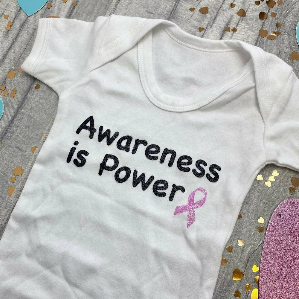 'Awareness Is Power' Short Sleeved White Romper, Breast Cancer Awareness
