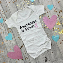 Load image into Gallery viewer, &#39;Awareness Is Power&#39; Short Sleeved White Romper, Breast Cancer Awareness
